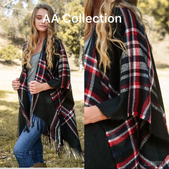 Plaid Ruana Shawl Wrap Scarf Tassel comfy - Picture 2 of 8